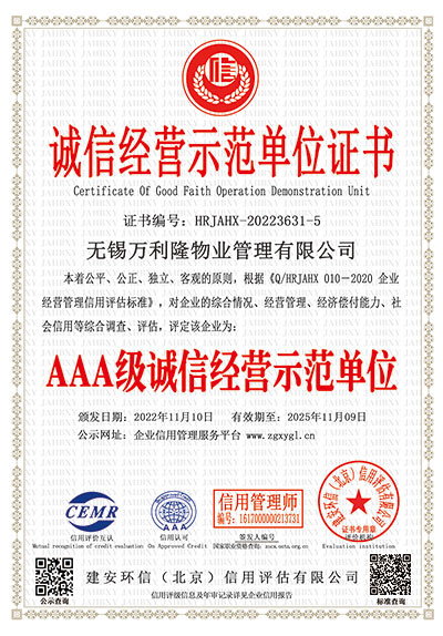 诚信经营示范单位证书